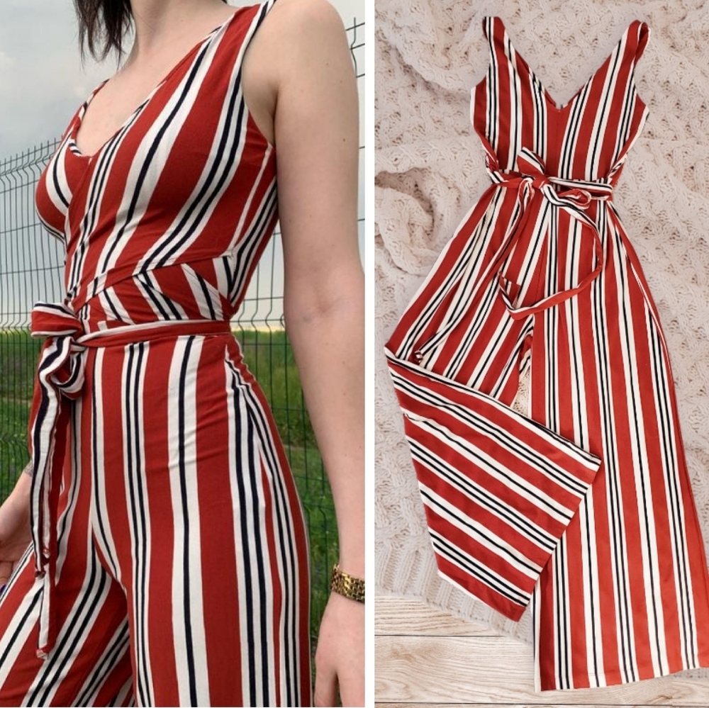 Bershka Europe Imported Striped V neck Tie Waist Romper- Large- NWOT
